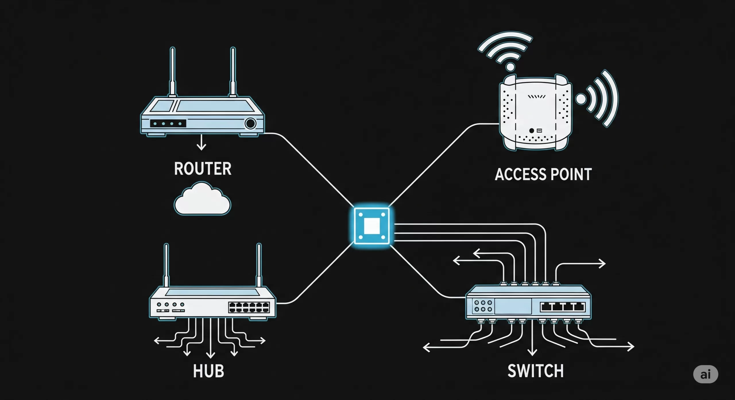 Qual é a diferença entre HUB, Switch, Roteador e Access Point?