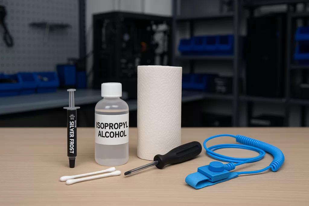 Materiais para trocar pasta térmica CPU: pasta nova, álcool isopropílico, papel toalha, pulseira anti-estática.