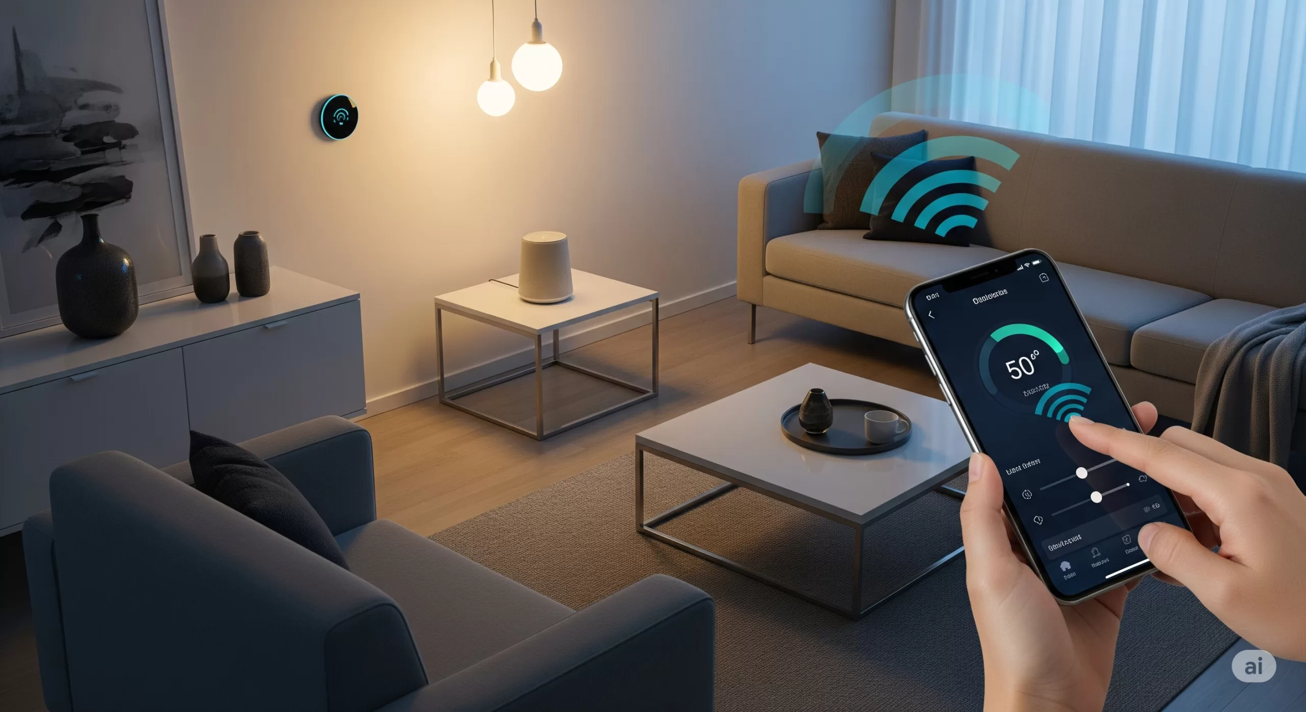 sala de estar moderna com tecnologia de casa inteligente, como luzes, alto-falante e termostato inteligentes, com uma pessoa usando um smartphone para controlar o ambiente, transmitindo conveniência e um toque futurista