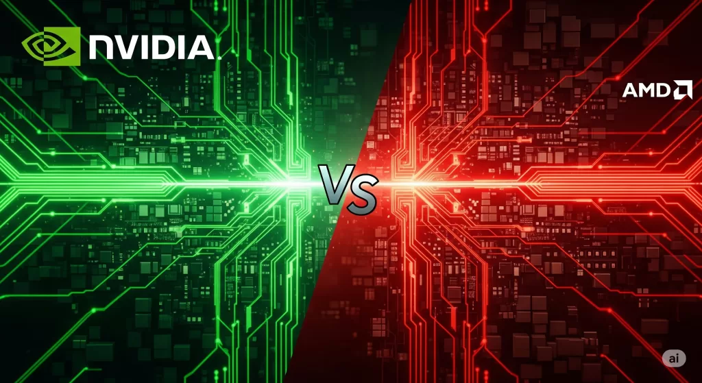 representa a divisão entre NVIDIA (com circuitos em tons de verde brilhante à esquerda) e AMD (com circuitos em tons de vermelho brilhante à direita)