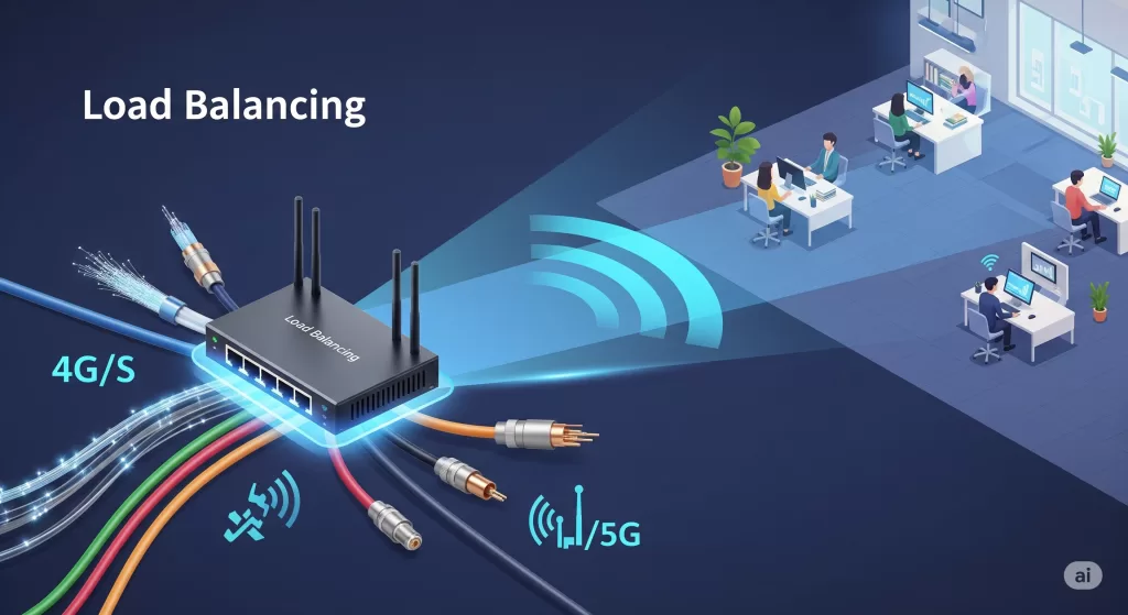 mostra várias linhas de conexão de internet (representando fibra ótica, cabo e sinais 4G/5G) convergindo para um roteador Load Balance central