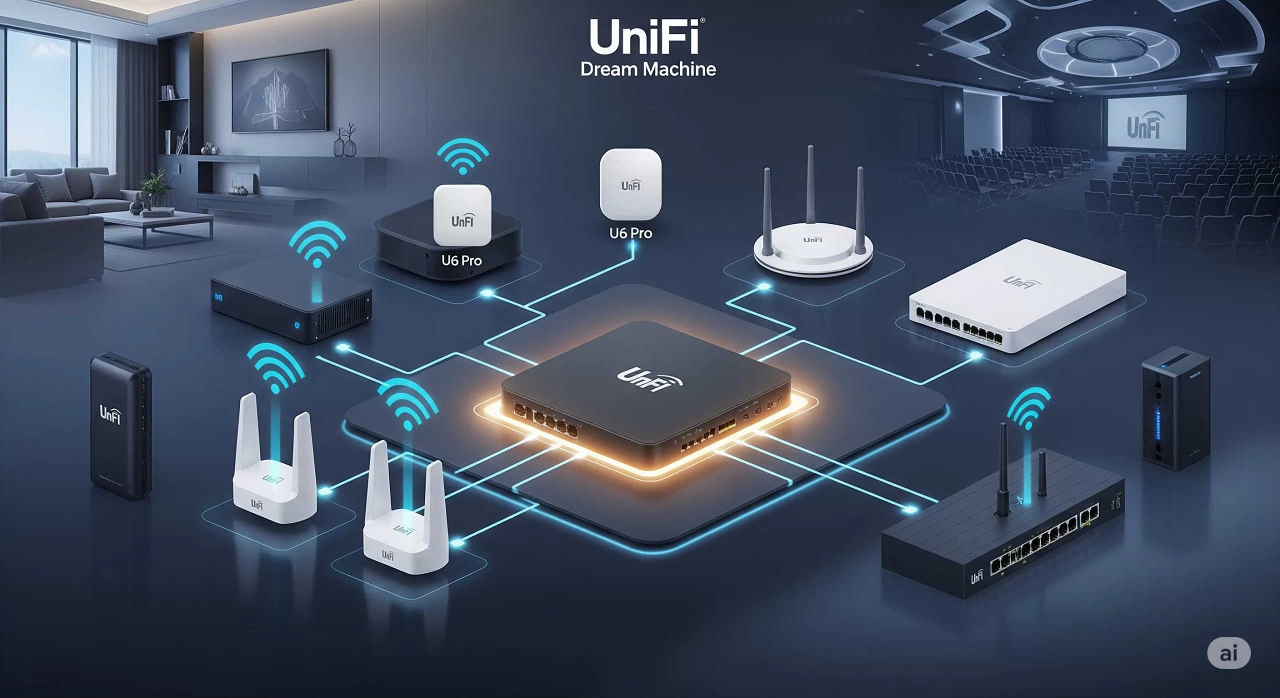 No centro, um UniFi Dream Machine ou Cloud Key possui linhas de conexão brilhantes que se estendem a Access Points UniFi (como o U6 Pro), switches e um gateway de segurança