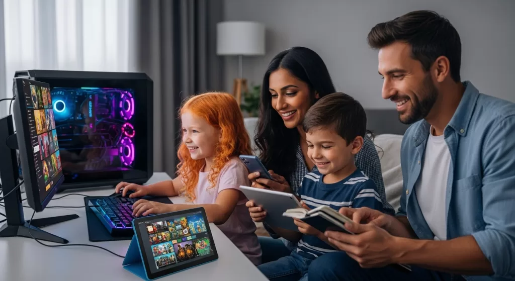 uma familia bonita usando dispositivos como computador gamer, tablet, smartphone e notebook