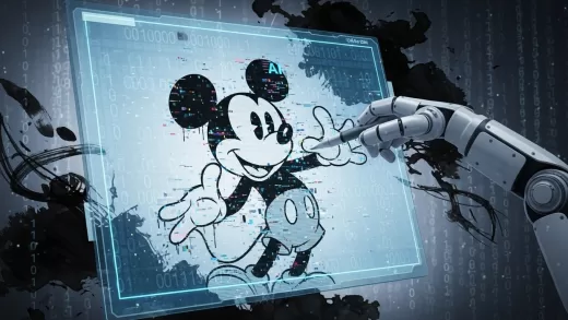 um braço robótico desenhando em uma tela digital um personagem de desenho animado que lembra o Mickey Mouse