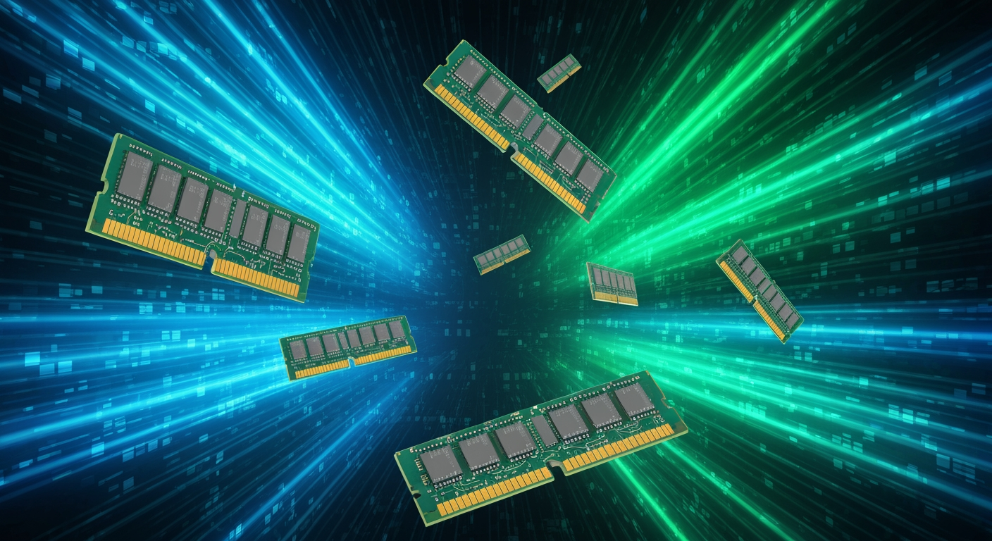 Close-up de um chip de memória RAM com o logo da Microsoft ao fundo, simbolizando a batalha tecnológica